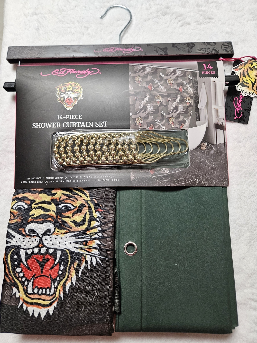 Ed Hardy Tiger Print Shower Curtain Set in Black and Green Gold Hooks Statement